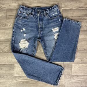 Levi's 501 Ripped Button Fly High Rise Straight Leg Jeans Medium Wash sz 27